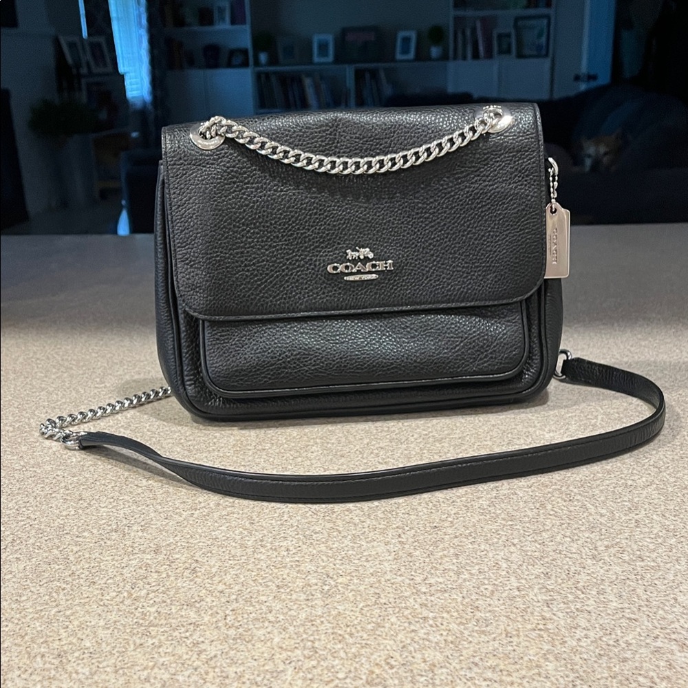 Coach Black Leather Crossbody Bag with Silver Chain
